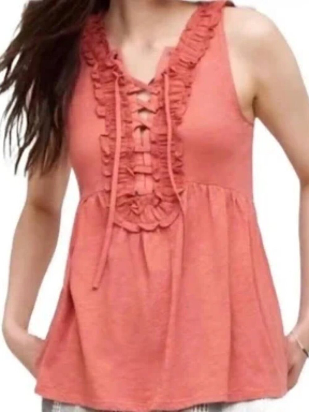 Deletta Anthropologie Tank Ruffle Lace-up Sleeveless Top Coral Medium Empire